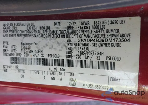 2013 Ford Fiesta Se из США, поврежденный, VIN 3FADP4BJ9DM173504